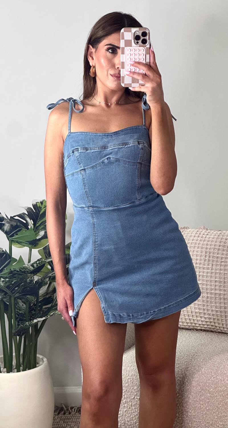 denim skort dress Tiffany Skort Dress, in Denim with Cream Voile, Size: 2XL